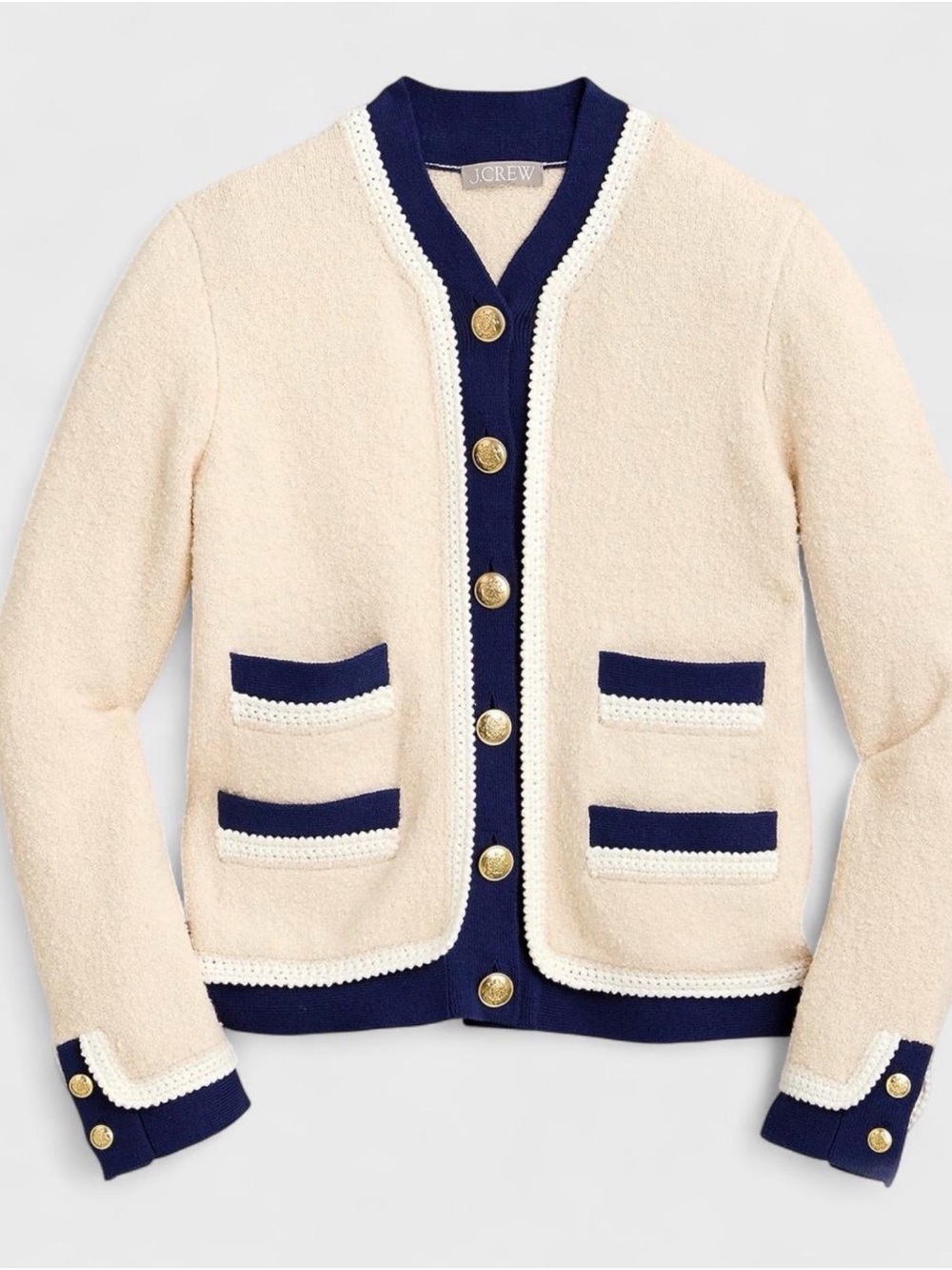 J. Crew Cream Bouclé Lady Jacket with Navy Trim & Gold Buttons